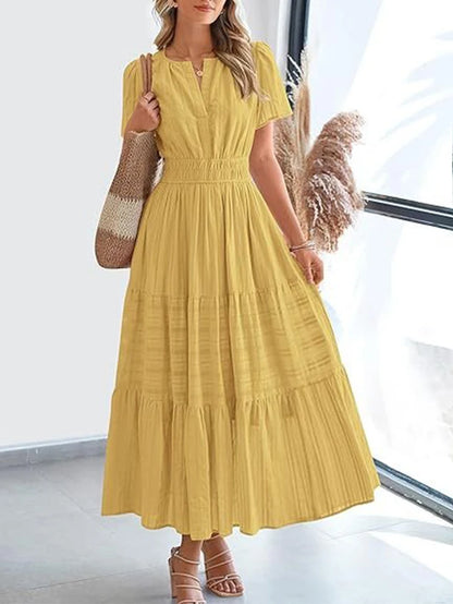 VivaSpring™ Layered Swing Dress – Women's V-Neck, Bubble Sleeves, and Big Swing Design for Effortless Style
